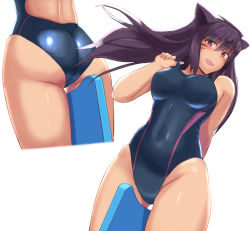 Rule 34 | 1girl, adjusting clothes, adjusting swimsuit, animal ears, arm behind back, ass, between legs, black one-piece swimsuit, breasts, brown hair, competition swimsuit, covered navel, cropped legs, crotch seam, dutch angle, facial mark, gluteal fold, highres, kickboard, long hair, looking at viewer, mayomaru1, medium breasts, multiple views, one-piece swimsuit, open mouth, original, red eyes, simple background, smile, standing, swimsuit, thighs, white background, wind