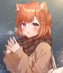 Rule 34 | 1girl, :o, absurdres, ahoge, animal ear fluff, animal ears, blunt bangs, blush, brown hair, earrings, fang, fingers together, hair ornament, hairclip, hands up, highres, jewelry, long sleeves, looking at viewer, nijisanji, open mouth, orange eyes, parted lips, ratna petit, red panda ears, scarf, short hair, snow, solo, virtual youtuber, x hair ornament, zky (oekaky)