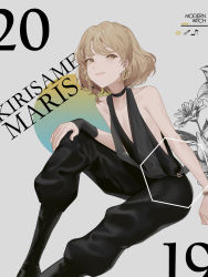 Rule 34 | 1girl, alternate costume, bare arms, bare shoulders, black choker, black footwear, black pants, blonde hair, boots, bracelet, braid, choker, commentary, contemporary, crown braid, earrings, feet out of frame, flat chest, grey background, highres, jewelry, kirisame marisa, knee up, looking at viewer, no headwear, pants, reeh (yukuri130), short hair, simple background, single braid, sitting, sleeveless, smile, solo, touhou, wristband, yellow eyes