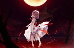 Rule 34 | 1girl, ascot, bare tree, barefoot, bat wings, blood, blood on hands, bloomers, blouse, blue hair, bow, cloud, dress, fang, fang out, feet, female focus, frilled skirt, frilled sleeves, frills, from behind, full moon, hat, hat ribbon, head tilt, hemokinesis, highres, ke-ta, looking at viewer, looking back, mob cap, moon, night, night sky, outdoors, puffy short sleeves, puffy sleeves, red eyes, red moon, remilia scarlet, ribbon, sash, shaft look, shirt, short hair, short sleeves, skirt, skirt set, sky, smile, solo, standing, standing on liquid, star (sky), swept bangs, torn clothes, touhou, tree, underwear, white bloomers, white shirt, white skirt, wings