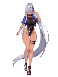 1girl absurdly_long_hair arm_belt bare_legs black_choker black_footwear black_one-piece_swimsuit blue_jacket breasts choker cocytus_(wind_master) dairoku_ryouhei dia_sine earrings gluteal_fold grey_hair hair_over_eyes highres jacket jewelry large_breasts long_hair one-piece_swimsuit shiny_clothes shiny_skin short_sleeves smile solo swimsuit thigh_strap toeless_footwear transparent_background very_long_hair