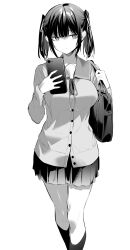 Rule 34 | 1girl, bag, breasts, cardigan, character request, closed mouth, collarbone, greyscale, hair ribbon, haite kudasai takamine-san, highres, hiiragi yuuichi, holding, holding phone, kneehighs, large breasts, long sleeves, miniskirt, monochrome, partially unbuttoned, phone, pleated skirt, ribbon, sailor collar, school bag, school uniform, short hair, sidelocks, skirt, socks, solo, twintails