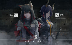 Rule 34 | 2girls, animal ears, arknights, arm at side, arms at sides, bad id, bad pixiv id, black gloves, black hair, blue hair, brown eyes, bullet hole, capelet, cenm0, ch&#039;en (arknights), character name, closed mouth, copyright name, earpiece, earrings, female focus, fingerless gloves, flipped hair, fog, fox ears, from side, gloves, hair between eyes, hair ornament, hairclip, hand on own hip, highres, horns, jacket, jewelry, logo, long hair, long sleeves, looking at viewer, medal, midriff peek, military, military uniform, multicolored hair, multiple earrings, multiple girls, name tag, open clothes, open jacket, outdoors, profile, purple eyes, red hair, serious, sheath, sheathed, shirt, sidelocks, smile, smoke, star (symbol), strap, sword, tag, texas (arknights), twintails, uniform, walkie-talkie, wall, weapon, white jacket, white shirt