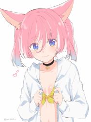 Rule 34 | 1girl, animal ears, black choker, blue eyes, bra, breasts, choker, closed mouth, commentary, copyright request, heart, hood, hooded jacket, ica, jacket, long sleeves, looking at viewer, pink hair, short hair, simple background, small breasts, smile, solo, twintails, twitter username, underwear, upper body, white background, white jacket, yellow bra