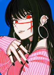 Rule 34 | 1girl, absurdres, black hair, black nails, blue background, chainsaw man, earrings, highres, hoop earrings, jewelry, long hair, looking at viewer, multiple rings, off-shoulder sweater, off shoulder, open mouth, pink sweater, red eyes, ring, ringed eyes, sailen0, simple background, sleeves past wrists, solo, sweater, yoru (chainsaw man)
