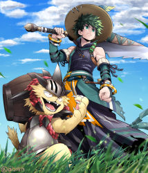 Rule 34 | 1boy, animal, armor, bad id, bad pixiv id, bakugou katsuki, bare shoulders, barrel, boku no hero academia, breastplate, cat, claws, clenched hand, closed mouth, clothing request, cloud, commentary request, copyright request, day, detached sleeves, fangs, from below, grass, green eyes, green hair, hat, hat feather, helmet, highres, holding, holding sword, holding weapon, horns, male focus, midoriya izuku, monster hunter (series), open mouth, outdoors, over shoulder, serious, sharp teeth, short hair, sword, teeth, tonomayo, torn clothes, twitter username, weapon, weapon over shoulder