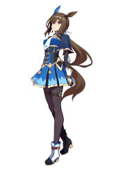 Rule 34 | 1girl, admire vega (umamusume), animal ears, black panther, blue dress, boots, brown hair, diamond print, dress, ear covers, horse ears, horse girl, horse tail, looking at viewer, necktie, panther, print necktie, simple background, single ear cover, solo, tail, tenkey2022, thigh strap, umamusume, white background, white necktie