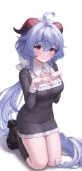 Rule 34 | 1girl, absurdres, ahoge, bad id, bad twitter id, black dress, black footwear, black socks, blue hair, blush, breasts, cleavage, closed mouth, collared dress, dress, frilled dress, frills, ganyu (genshin impact), genshin impact, goat horns, hair between eyes, heart, heart hands, highres, horns, kneeling, large breasts, long hair, long sleeves, mary janes, miho (mymiho), nail polish, ponytail, purple eyes, shoes, sidelocks, simple background, smile, socks, solo, taut clothes, taut dress, thighs, very long hair, white background
