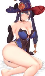 Rule 34 | 1girl, aqua eyes, arind yudha, arm support, ass, asymmetrical bangs, bare legs, bare shoulders, black choker, black gloves, black hair, black ribbon, blue hat, blue leotard, blush, breasts, choker, cleavage, clenched hands, closed mouth, collarbone, elbow gloves, expressionless, eyebrows hidden by hair, eyes visible through hair, genshin impact, gloves, hair between eyes, hair ribbon, hand up, hat, highres, jewelry, large breasts, leotard, long hair, looking at viewer, mona (genshin impact), neck, necklace, on bed, pantyhose, ribbon, serious, sitting, solo, strapless, strapless leotard, thick thighs, thighs, twintails, witch, witch hat