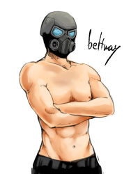 Rule 34 | 1boy, abs, capcom, character name, crossed arms, hector hivers, male focus, mask, navel, resident evil, resident evil: operation raccoon city, simple background, solo, syobumoga, topless male, white background
