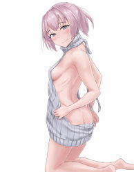 Rule 34 | 1girl, alternate costume, ass, backless dress, backless outfit, bare arms, bare back, barefoot, blush, breasts, butt crack, commentary, dress, from side, grey eyes, grey sweater, hair intakes, kantai collection, looking at viewer, looking to the side, meme attire, naked sweater, pink hair, ponytail, ribbed sweater, ribs, shiranui (kancolle), sideboob, simple background, sleeveless, sleeveless turtleneck, small breasts, smile, solo, soutou (user wzuw4587), sweater, sweater dress, turtleneck, turtleneck sweater, virgin killer sweater, white background