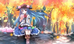 Rule 34 | 1girl, autumn, autumn leaves, blue hair, bow, food, forest, fruit, hat, highres, hinanawi tenshi, long hair, nature, peach, pink eyes, puffy short sleeves, puffy sleeves, risutaru, shirt, short sleeves, sitting, skirt, smile, solo, touhou, wind
