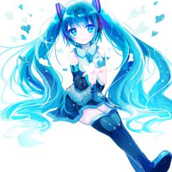 Rule 34 | 1girl, blue eyes, blue hair, boots, detached sleeves, hatsune miku, headset, heart, highres, kohaku muro, long hair, matching hair/eyes, necktie, open mouth, sitting, skirt, solo, thigh boots, thighhighs, twintails, very long hair, vocaloid, white background