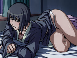 Rule 34 | 1girl, arm support, bed, black hair, blush, female focus, fishnets, indoors, japanese clothes, legs, lying, naruto, naruto (series), on side, panties, shizune (naruto), solo, tears, tk (tk&#039;s level4), underwear, white panties