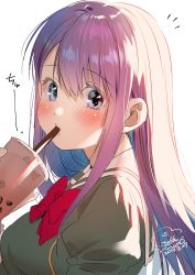 Rule 34 | 1girl, absurdres, blue eyes, blue hair, blush, bow, bowtie, bubble tea, colored inner hair, dated, drinking, from side, geshumaro, green shirt, highres, holding, juliet sleeves, long hair, long sleeves, looking at viewer, looking to the side, multicolored hair, notice lines, puffy sleeves, purple hair, red bow, red bowtie, shirt, signature, simple background, solo, tsubaki-sama wa sakihokore nai, upper body, white background