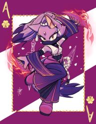 Rule 34 | 1girl, blaze the cat, covered mouth, detached sleeves, fire, forehead jewel, furry, furry female, hand fan, highres, japanese clothes, long hair, looking at viewer, ponytail, purple fur, rfts10919, signature, simple background, sonic (series), two-tone background, yellow eyes