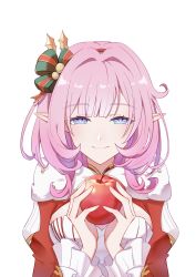 Rule 34 | 0210831, 1girl, absurdres, apple, blue eyes, bow, christmas, closed mouth, elysia (honkai impact), food, fruit, hair bow, headband, highres, holding, holding food, holding fruit, honkai (series), honkai impact 3rd, jacket, long hair, long sleeves, looking at viewer, pink hair, pointy ears, red jacket, simple background, smile, solo, white background