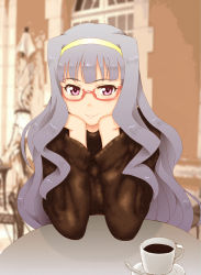 Rule 34 | 1girl, bespectacled, glasses, grey hair, hairband, hands on own cheeks, hands on own face, idolmaster, idolmaster (classic), kesuida, long hair, looking at viewer, pov across table, purple eyes, shijou takane, sitting, smile, solo, sweater, very long hair, wavy hair