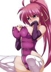 Rule 34 | 1girl, ahoge, areola slip, bare shoulders, blue eyes, blush, braid, breasts, commentary request, covered erect nipples, elbow gloves, fingerless gloves, gloves, highres, large breasts, leotard, long hair, lyrical nanoha, mahou shoujo lyrical nanoha, mahou shoujo lyrical nanoha a&#039;s, pink hair, ponytail, shiny skin, signum, simple background, skindentation, solo, spread legs, squatting, strapless, strapless leotard, tappa (esperanza), thighhighs, white background, white thighhighs