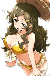 Rule 34 | 1girl, absurdres, bikini, breasts, brown eyes, brown hair, commentary request, cowboy shot, hair ornament, hairclip, hat, unworn hat, unworn headwear, highres, large breasts, long hair, looking at viewer, open mouth, shinomiya himawari, simple background, solo, straw hat, swimsuit, tokiani, vividred operation, wavy hair, white background, yellow bikini