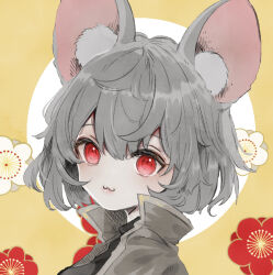 Rule 34 | 1girl, animal ears, capelet, flower, grey capelet, grey hair, monji (monzi328), mouse (animal), mouse ears, mouse girl, nazrin, red eyes, solo, touhou, upper body