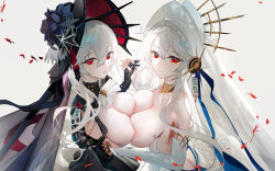 Rule 34 | 2girls, absurdres, areola slip, arknights, ascot, black dress, black headwear, breast press, breasts, capelet, cleavage, dress, gloves, grey ascot, grey capelet, grey hair, habit, highres, large breasts, long hair, looking at viewer, multiple girls, non-web source, nun, omone hokoma agm, red eyes, saw, simple background, specter (arknights), very long hair, white dress, white headwear
