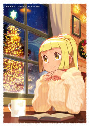 Rule 34 | 1girl, alternate costume, blonde hair, book, border, christmas, christmas tree, closed mouth, commentary, creatures (company), cup, curtains, eyelashes, game freak, green eyes, hands up, high ponytail, highres, indoors, ishikawa hideki, lillie (pokemon), long sleeves, mug, night, nintendo, own hands together, pokemon, pokemon sm, revision, sky, smile, solo, star (sky), steam, sweater, table, white border, window, wooden wall, wreath, yellow sweater