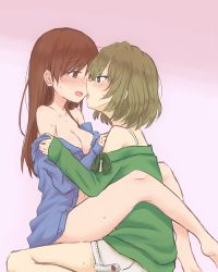Rule 34 | 2girls, bare legs, bare shoulders, blush, breasts, brown eyes, brown hair, collarbone, eye contact, female focus, hitsuji nata, idolmaster, idolmaster cinderella girls, imminent kiss, looking at another, medium breasts, multiple girls, naked shirt, navel, nitta minami, open clothes, open mouth, open shirt, pink background, shirt, sitting, sitting on person, sweat, takagaki kaede, thighs, tongue, undressing, undressing another, yuri