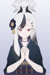 Rule 34 | 1girl, black choker, black hair, black horns, black kimono, black lotus, blue archive, blush, choker, closed mouth, collarbone, colored inner hair, demon horns, earclip, flower, gradient hair, grey halo, hair between eyes, hair flower, hair ornament, hairclip, halo, highres, horns, japanese clothes, kayoko (blue archive), kayoko (new year) (blue archive), kimono, long hair, long sleeves, looking at viewer, mole, mole on collarbone, multicolored hair, obi, official alternate costume, own hands clasped, own hands together, red eyes, sash, simple background, solo, two-tone hair, void4516, white hair