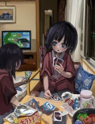 Rule 34 | 2girls, absurdres, bag, bag of chips, black hair, bowl, card, card game, chips (food), curtains, cushion, female focus, food, highres, indoors, multiple girls, original, plastic bag, shiranome, signature, sitting, table, tatami, television, thermos, twitter username, uno (game), window