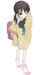 Rule 34 | 1girl, ;|, absurdres, backpack, bag, bandaid, bandaid on leg, black hair, child, crying, dorontabi, dress, eyebrows, female focus, full body, highres, looking at viewer, neck ribbon, no shoes, one eye closed, original, randoseru, removing sock, ribbon, simple background, sleeves past wrists, socks, solo, tears, twintails, white background, yellow dress