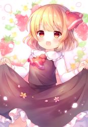 Rule 34 | 1girl, :d, absurdres, ascot, beads, black skirt, black vest, blonde hair, blurry, blurry background, blush, coa (chroo x), cowboy shot, flower, food, fruit, hair ribbon, highres, looking at viewer, non-web source, open mouth, red ascot, red eyes, red ribbon, ribbon, rumia, scan, short hair, skirt, skirt hold, smile, solo, strawberry, touhou, vest