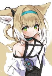 Rule 34 | 1girl, animal ears, arknights, black vest, blush, braided hair rings, breasts, closed mouth, commentary, dress, earpiece, fox ears, fox tail, green eyes, hair rings, hairband, infection monitor (arknights), kanengomi, light brown hair, looking at viewer, material growth, medium breasts, medium hair, multicolored hair, multiple tails, name tag, o-ring, oripathy lesion (arknights), simple background, smile, solo, suzuran (arknights), tail, two-tone hair, upper body, vest, white background, white dress, white hair