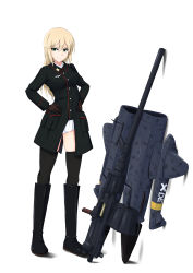 Rule 34 | 1girl, absurdres, black footwear, black thighhighs, blonde hair, brown gloves, buttons, cannon, drum magazine, gloves, green eyes, hair between eyes, hands on own hips, heinrike prinzessin zu sayn-wittgenstein, highres, isosceles triangle (xyzxyzxyz), long hair, looking at viewer, magazine (weapon), noble witches, panties, skindentation, smile, solo, standing, striker unit, thighhighs, thighs, underwear, white background, white panties, world witches series