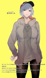 Rule 34 | 1girl, absurdres, black eyes, blush, brown pantyhose, collarbone, commission, grey hair, grey jacket, hand on own hip, hat, highres, jacket, kizukisai, mole, mole under eye, multicolored clothes, multicolored jacket, open clothes, open jacket, orange jacket, original, pantyhose, parted lips, pink lips, red hat, short hair, simple background, skeb commission, solo, standing, teeth, torn, torn clothes, torn hat, translation request, two-tone jacket, yellow background, zipper pull tab