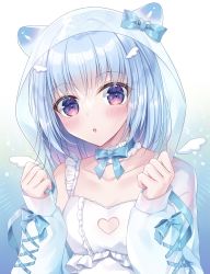 Rule 34 | 1girl, :o, bare shoulders, blue bow, blue hair, blush, bow, breasts, camisole, clothing cutout, collarbone, commentary request, copyright request, hair between eyes, hands up, heart cutout, highres, hood, hood up, hooded jacket, jacket, kohinata hoshimi, long sleeves, looking at viewer, parted lips, puffy long sleeves, puffy sleeves, red eyes, sleeves past wrists, small breasts, solo, upper body, virtual youtuber, white camisole