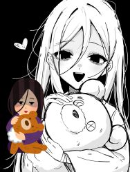 1girl :d bags_under_eyes black_background blush derivative_work greyscale hair_between_eyes heart highres holding holding_stuffed_toy irasutoya irasutoya_challenge long_hair long_hair_between_eyes long_sleeves looking_at_viewer messy_hair mole mole_under_mouth monochrome neri_ane_(h_si11) open_mouth reference_inset simple_background smile solo stuffed_animal stuffed_toy teddy_bear teeth upper_body upper_teeth_only