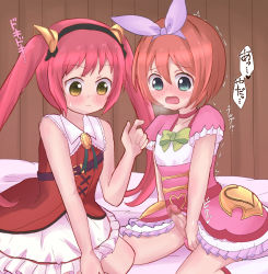 Rule 34 | 2girls, artist request, ayane (princess connect!), blue eyes, blush, brown eyes, brown hair, censored, dress, embarrassed, erection, futanari, highres, kurumi (princess connect!), long hair, multiple girls, open mouth, penis, penis awe, princess connect!, purple ribbon, red hair, ribbon, ribbon hair, short hair, sweat, tears, twintails