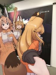 Rule 34 | &gt; &lt;, 10s, 4girls, :3, :d, animal ears, arm up, armpits, belt, black gloves, blonde hair, blush, bow, bowtie, caracal (kemono friends), clenched hands, covering own mouth, da (bobafett), elbow gloves, extra ears, ezo red fox (kemono friends), female pov, fox ears, fox tail, fur trim, gloves, hair between eyes, high-waist skirt, highres, holding hands, indoors, jacket, japari symbol, kemono friends, long hair, long sleeves, looking at viewer, multiple girls, nana (kemono friends), open mouth, orange jacket, photo background, pleated skirt, pov, print gloves, print neckwear, print skirt, serval (kemono friends), serval print, shirt, skirt, sleeveless, sleeveless shirt, smile, tail, traditional bowtie, white skirt, yellow eyes, yellow gloves, yellow neckwear, yellow skirt