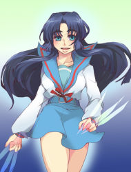 Rule 34 | 00s, asakura ryouko, blade, blue eyes, blue hair, long hair, mechi, school uniform, serafuku, suzumiya haruhi no yuuutsu, weapon