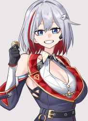 Rule 34 | 1girl, absurdres, aji (p391), bare shoulders, belt, black belt, blue eyes, breasts, cleavage, cleavage cutout, clothing cutout, coin, colored inner hair, commentary, grey background, grey hair, hair ornament, hand up, highres, holding, holding coin, honkai: star rail, honkai (series), large breasts, long sleeves, looking at viewer, multicolored hair, red hair, short hair, simple background, solo, streaked hair, topaz (honkai: star rail), upper body