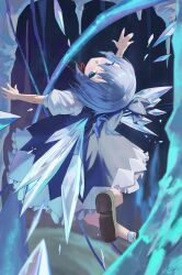 Rule 34 | 1girl, blue bow, blue dress, blue eyes, blue hair, blue nails, bow, brown footwear, cirno, closed mouth, commentary, dress, fairy wings, from behind, full body, hair bow, highres, ice, ice wings, looking at viewer, m.q (mqkyrie), medium hair, neck ribbon, puffy short sleeves, puffy sleeves, red ribbon, ribbon, short sleeves, signature, socks, solo, touhou, white socks, wings