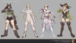 Rule 34 | blonde hair, blood, boots, braid, cammy white, chain, claws, flower, halloween costume, hat, highres, kelly tan, lock, official art, pumpkin, rose, salute, sketch, street fighter, twin braids, witch hat, wolf head