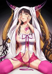 Rule 34 | 10s, 1girl, bad id, bad pixiv id, bare shoulders, black hair, blush, breasts, cleavage, collarbone, commentary request, detached sleeves, facial mark, fate/extra, fate/extra ccc, fate (series), forehead mark, highres, horns, kneeling, large breasts, long hair, looking at viewer, navel, no bra, nose blush, parted lips, pink ribbon, pink thighhighs, revealing clothes, ribbon, sessyoin kiara, sideboob, sitting, solo, tattoo, thighhighs, umihotaru harumare, veil, very long hair, wariza, wavy hair, yellow eyes