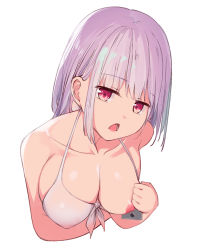 Rule 34 | 10s, 1girl, bikini, breasts, cellphone, collarbone, gridman universe, holding, holding phone, large breasts, light purple hair, looking at viewer, nipples, open mouth, phone, prpr friends, red eyes, shinjou akane, short hair, simple background, solo, ssss.gridman, swimsuit, upper body, white background, white bikini