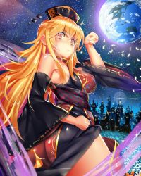 Rule 34 | 1girl, adapted costume, armpits, ashu, ass, bags under eyes, bare shoulders, black dress, blonde hair, breasts, building, chinese clothes, cityscape, cowboy shot, crescent, detached sleeves, dress, earth (planet), from behind, hat, highres, junko (touhou), long hair, long sleeves, looking at viewer, looking back, medium breasts, parted lips, petals, planet, red eyes, sash, sky, solo, star (sky), starry sky, tabard, touhou, triangle mouth, wide sleeves