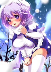 Rule 34 | 1girl, apron, blush, breasts, covered erect nipples, female focus, hat, himeno yuka, large breasts, letty whiterock, light purple hair, open clothes, open mouth, open shirt, purple eyes, scarf, shirt, short hair, skirt, snow, snowing, solo, thighhighs, touhou, tree, white scarf, white thighhighs