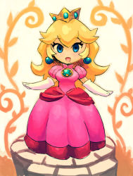 Rule 34 | 1girl, :d, bad id, bad pixiv id, big head, blonde hair, blue eyes, breasts, brooch, chingisu, crown, dress, earrings, elbow gloves, eyelashes, floral background, full body, gloves, jewelry, long hair, looking at viewer, mario (series), nintendo, no nose, open hands, open mouth, outstretched arms, pink dress, princess peach, puffy short sleeves, puffy sleeves, short sleeves, small breasts, smile, solo, standing, super mario bros. 1, white gloves
