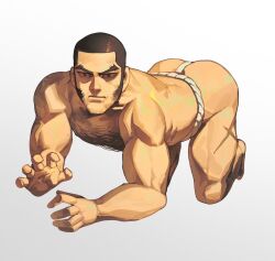 Rule 34 | 1boy, all fours, arched back, ass, back, biceps, black hair, buzz cut, chest hair, closed mouth, deltoids, facial hair, forehead, fundoshi, golden kamuy, hieumay, highres, japanese clothes, looking at viewer, male focus, muscular, muscular male, nose, nostrils, open hand, scar, scar on leg, short hair, sideburns, simple background, tanigaki genjirou, thick eyebrows, very short hair, white background