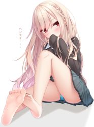 Rule 34 | 1girl, ass, bad leg, bare legs, barefoot, black nails, black sweater, blonde hair, blue panties, braid, collared shirt, commentary request, covering own mouth, ear piercing, foot focus, foreshortening, grey skirt, hair over one eye, hand up, head tilt, highres, long hair, long sleeves, looking at viewer, nail polish, original, panties, piercing, pleated skirt, red eyes, school uniform, shadow, shirt, skirt, sleeves past wrists, soles, solo, sweater, toenail polish, toenails, translation request, underwear, very long hair, white background, white shirt, yoye (pastel white)